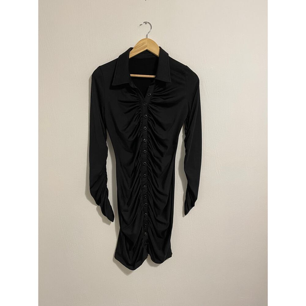 Women's Gothic Black Button-Up Dress Rouched Sleeves Size Medium